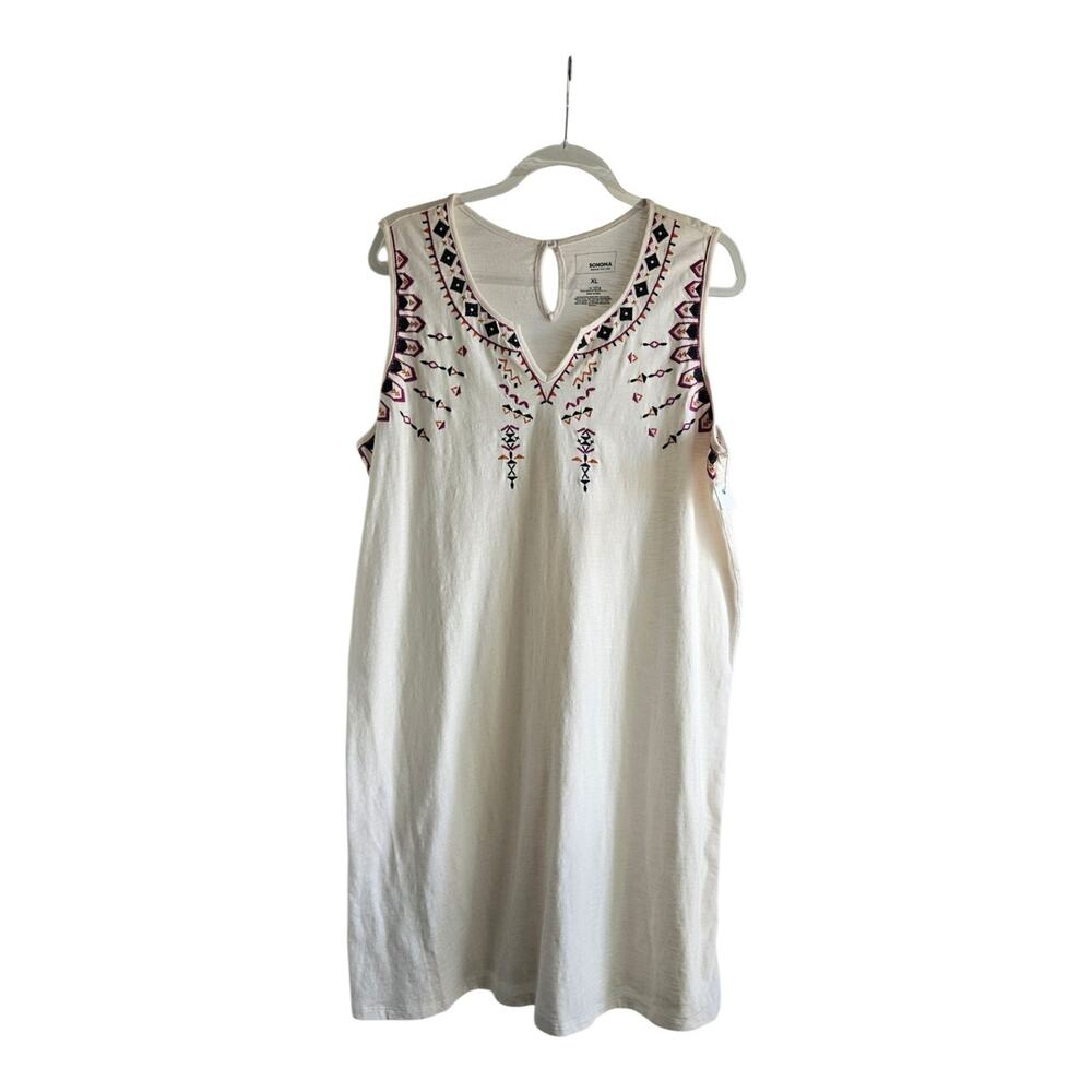 Sonoma Womens XL Shift Dress 100% Cotton Split-Neck Sleeveless Embroidered Cream